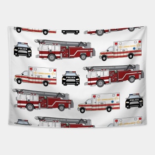 First Responder Vehicles, Fire Truck, Ambulance, Police Car Tapestry