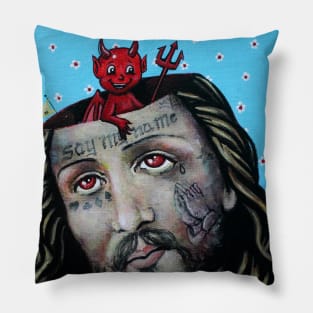 mr. NICE GUY say my name. devil jesus combo original painting by tyler tilley Pillow