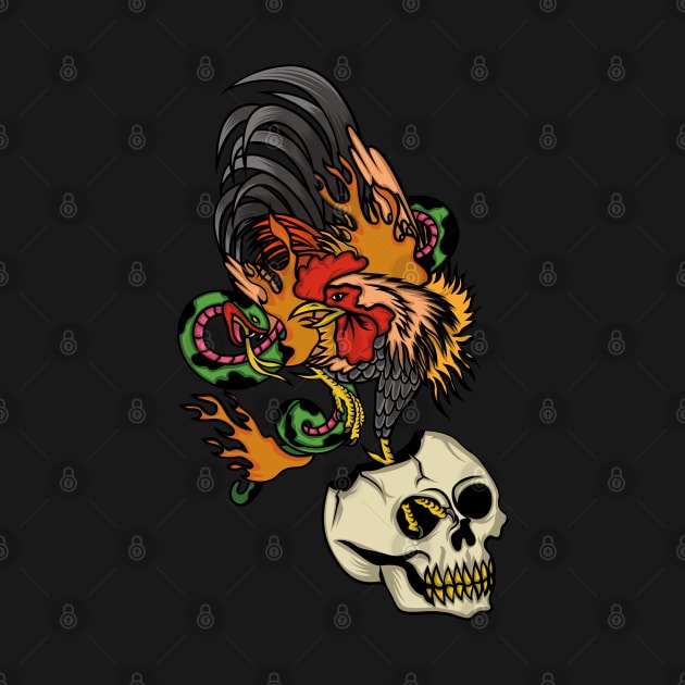 Fire Rooster, Snake and Skull by mystiza_art