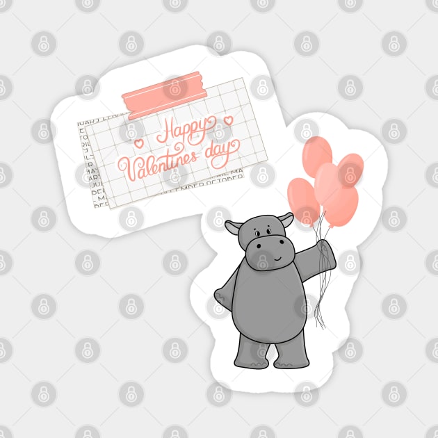 Cute hippo with balloons and Happy Valentines day text Magnet by essskina