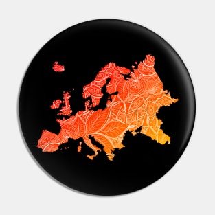 Colorful mandala art map of Europe with text in red and orange Pin