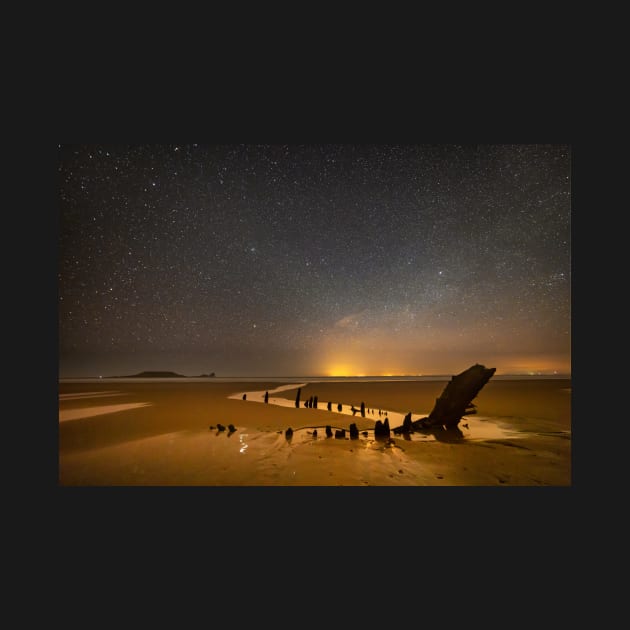 Helvetia Wreck and Worms Head at Night by dasantillo