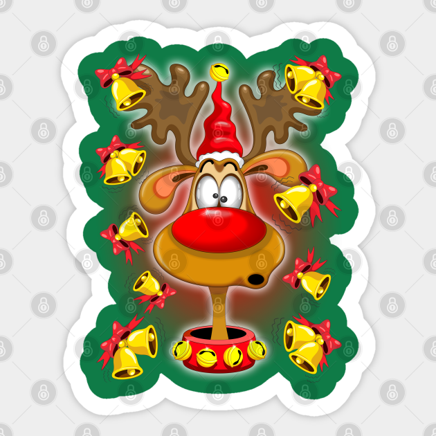 Reindeer Fun Christmas Cartoon with Bells - Reindeer Christmas Cartoon -  Sticker | TeePublic