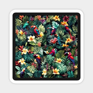 graphic design pattern tropical nature parrots monstera palms botanical palm leaves bird of paradise wildlife forest garden jungle Magnet