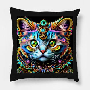 Cat Kitten Art Nouveau Psychedelic Trippy Rainbow Pillow