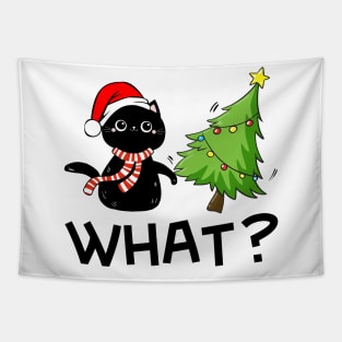 Funny Black Cat Wearing Santa Hat Pushing Christmas Tree Over Cat What? Tapestry