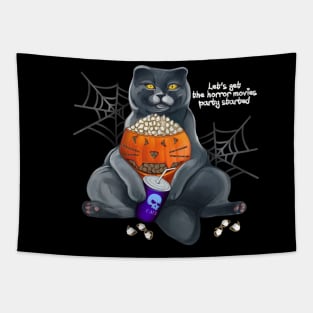 Cinemaholic Halloween cat with popcorn Tapestry