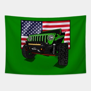 Jeep with American Flag - Green Essential Tapestry