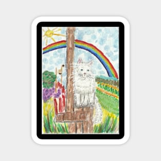 Cute white  cat  rainbow  nature  art Magnet