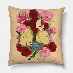 Floral Muslim woman in a cafe Pillow