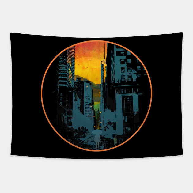 Abstract Circle Walk City Night Tapestry by Lebihanto