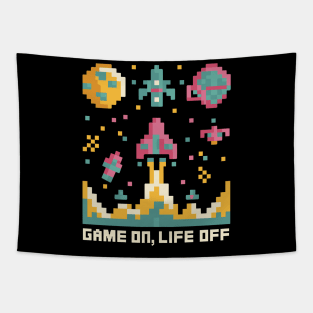 Game on, Life off retro 8bit pixel art Gaming Tapestry