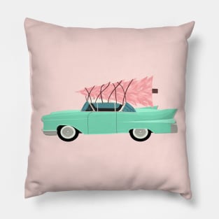 Aqua car with pink Christmas tree Pillow