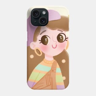 Cute Kawaii Girl in Headscarf and Overalls - Floral Pastel Art Phone Case