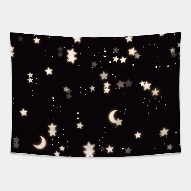 Sparkly moon and stars in black dark night Tapestry by Montanescu