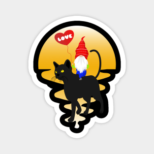 Love Gnome Riding Black Cat Lovers Magnet