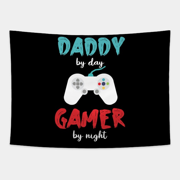 daddy by day gamer by night funny for dad video game fathers day game controller Tapestry by  Funny .designs123