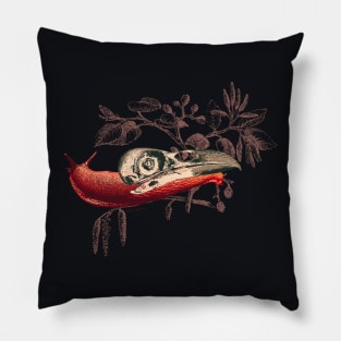 Enigmatic Escargots: Spooky Art Print Featuring Red Snail Donning Raven Skull Shell Pillow