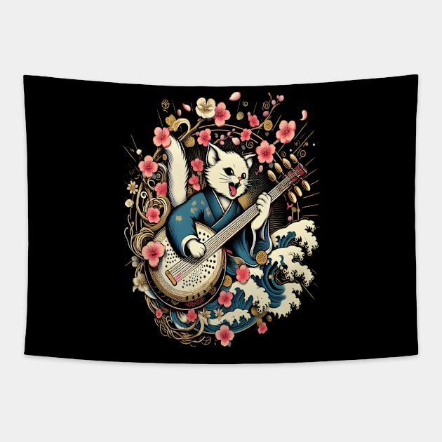 cat playing shamisen japanese Tapestry by justingreen