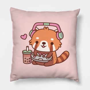 Cute Red Panda Loves Playing Video Games Pillow