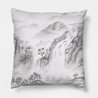 Waterfalls over the mountains pencil sketch Pillow
