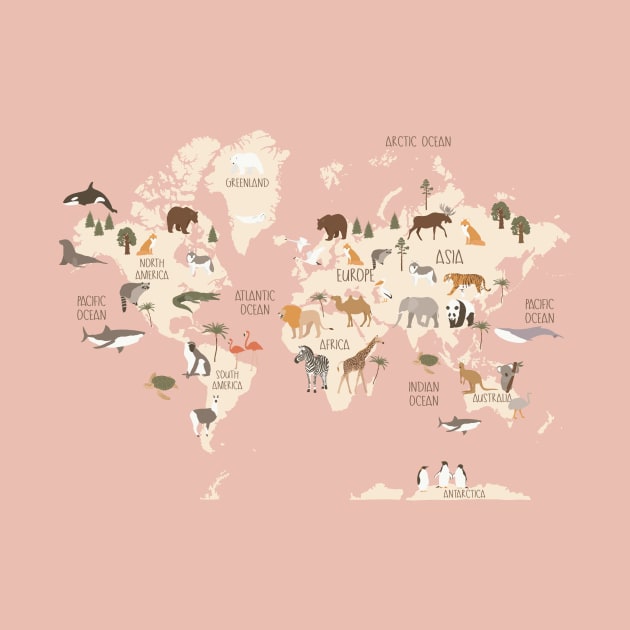 Animal World Map Pink by JunkyDotCom