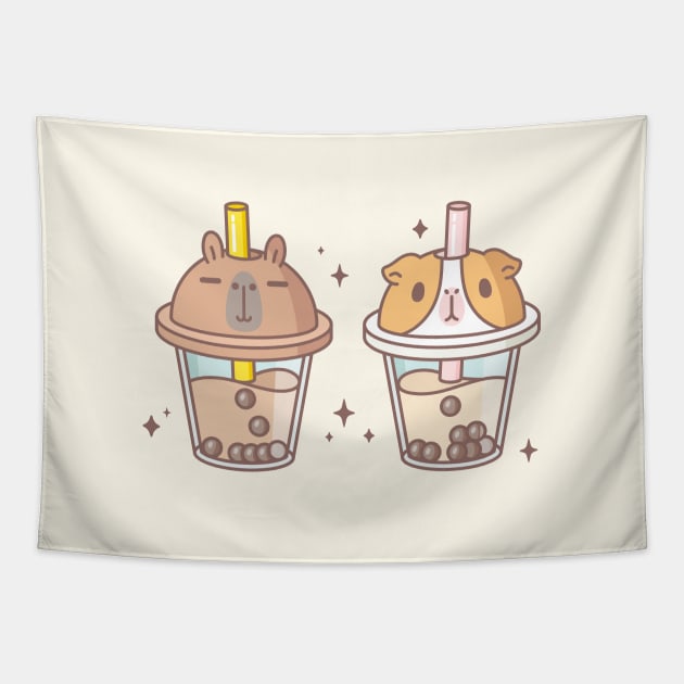 Capybara and Guinea pig Boba Tea Tapestry by Noristudio