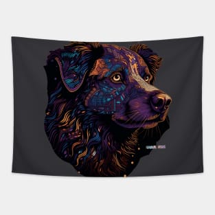 A Border Collie Dog's Muzzle Covered in Colorful Swirls Tapestry