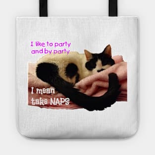 PAWTY TIME cow cat party like a napping cat Tote