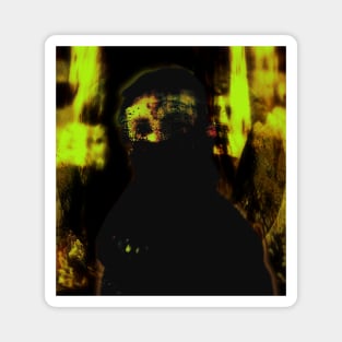 Portrait, digital collage and special processing. Like arabic. Cursed man with mouth mask. Green and yellow. Magnet