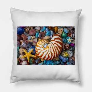 Nautilus On Polished Colorful Stones Pillow