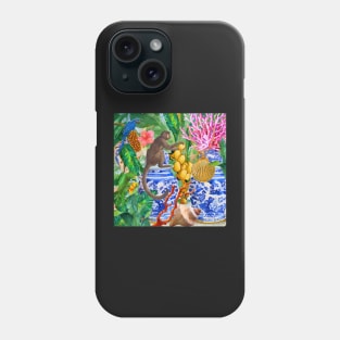 Monkey, parrots and chinoiserie jars in tropical forest Phone Case