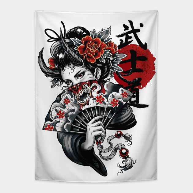 Japanese Popart Geisha Colorful Illustration Tapestry by OWLvision33