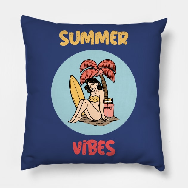 Summer Vibes Positive Quote Surfer Girl Gift Pillow by Merch ArtsJet