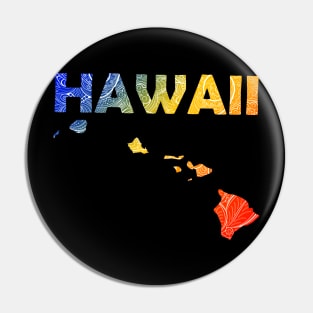 Colorful mandala art map of Hawaii with text in blue, yellow, and red Pin