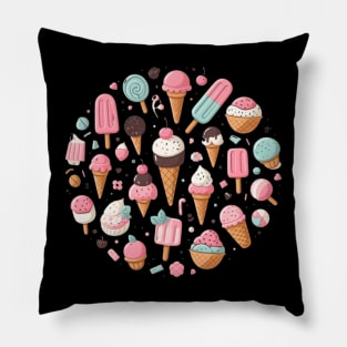 Ice Cream Bliss Round Pattern - Sweet Delights with a Variety of Cones and Popsicles Pillow