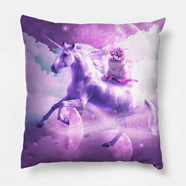 Kitty Cat Riding On Flying Space Galaxy Unicorn Pillow by Random Galaxy