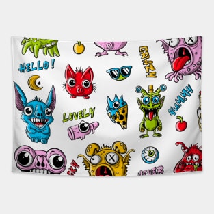 Funny monsters hand drawn cartoon characters Tapestry