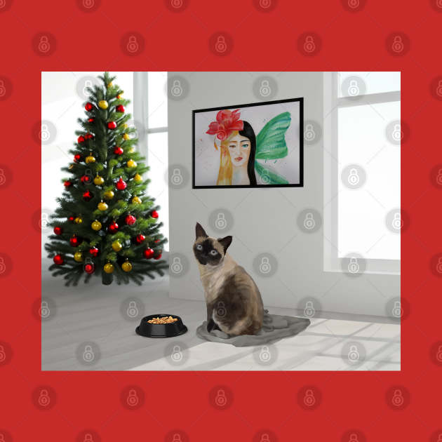 Siamese cat sitting in the white room with food and Christmas tree by Ammi