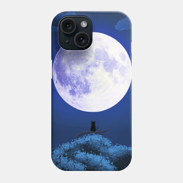 Cat Staring at the Bright Moon Anime Background Landscape Phone Case by DotNeko