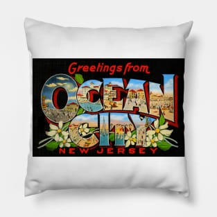 Greetings from Ocean City, New Jersey - Vintage Large Letter Postcard Pillow