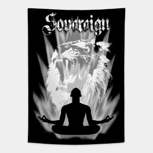 Meditating Sovereign Warrior with Powerful Lion Spirit Tapestry