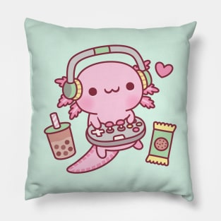 Cute Axolotl Loves Playing Video Games Funny Pillow