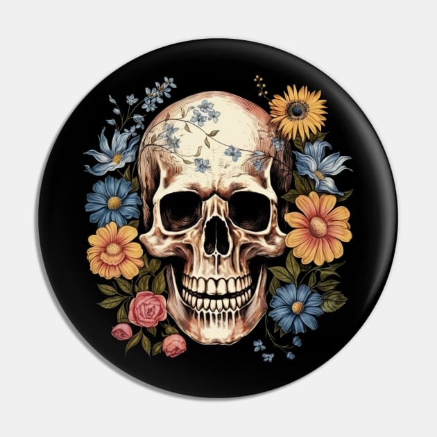 Skull with flowers Pin by Merchgard