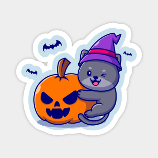 Cute Witch Cat Hug Pumpkin Halloween Cartoon Magnet