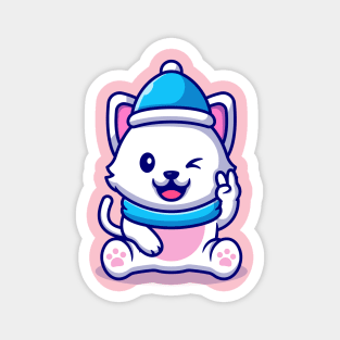 Cute Cat Wearing Hat And Scarf With Hand Peace Cartoon Magnet