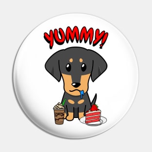 Cute dachshund dog is having coffee and cake Pin