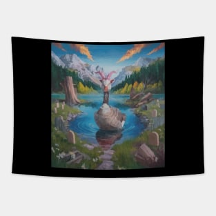watercolor zombie goose in lake with horns Tapestry