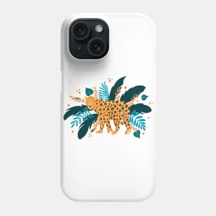 Leopard with orange and teal tropical plants Phone Case