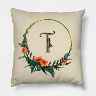 Letter t in circular frame with girl figure and tropical flowers Pillow